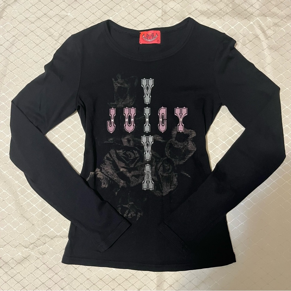 Juicy Couture Graphic Black Blue Pink Bedazzled Long Sleeve T-Shirt Y2K Mcbling